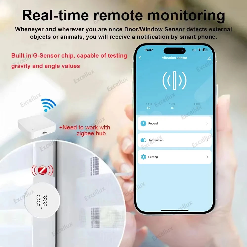 Zigbee 3.0 Smart Vibration Sensor Detection APP Notification Real-Time Motion Shock Alarm History Record Support Zigbee2Mqtt