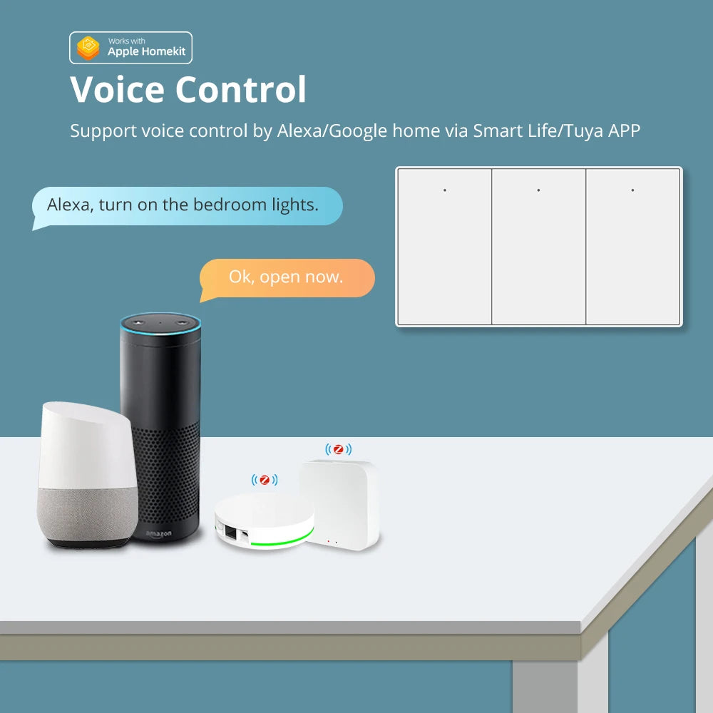 Zigbee US AU Wall Push Light Switch No Neutral Smart Interruptor Work with Tuya Smartthings Alexa Google Home Voice