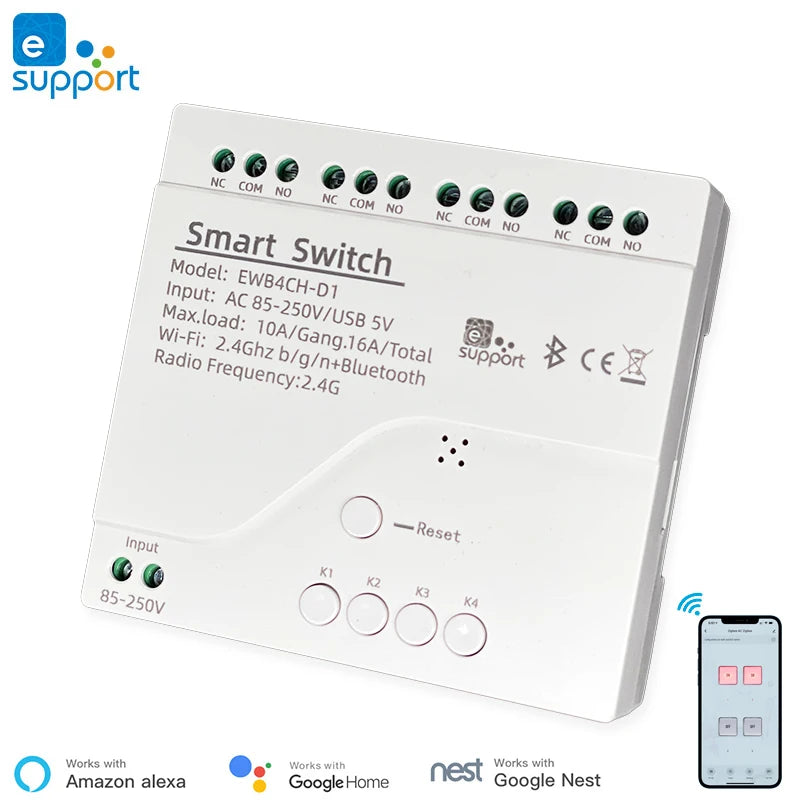 Ewelink 4 Channel Smart Wifi 85-250V Switch, Free APP Remote Control ,Bluetooth, Inching ,Self-Lock ,Inter-Lock,Works with Alexa