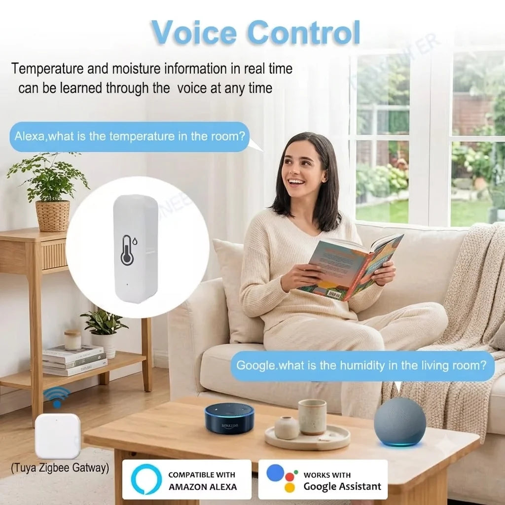 Zigbee Smart Temperature Humidity Sensor Indoor Hygrometer Controller Monitoring Work with Smart Speaker Alexa Google Home
