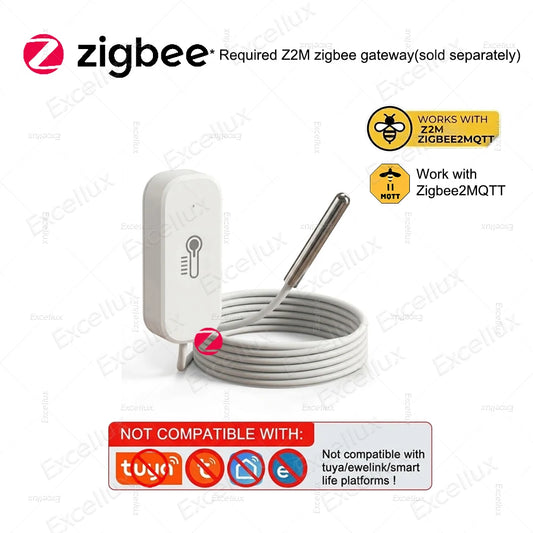 Zigbee Temperature Humidity Sensor for Z2MQTT with NTC Stainless Steel Probe Thermometer Detects Pool Fish Tank Bathtub Freezer