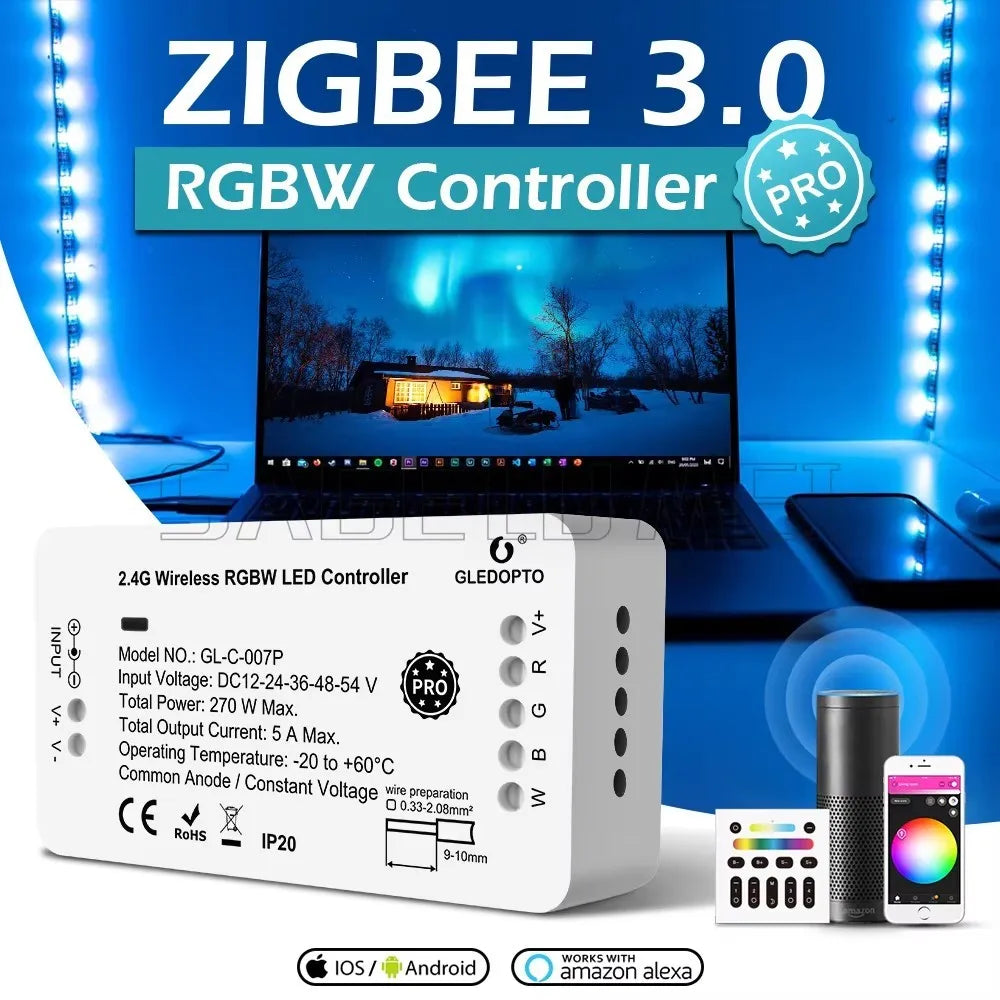 GL-C-006P GLEDOPTO Zigbee 3.0 Smart LED Strip Controller Compatible with Hub Tuya Smartthings App 2.4G RF Remote Control Voice
