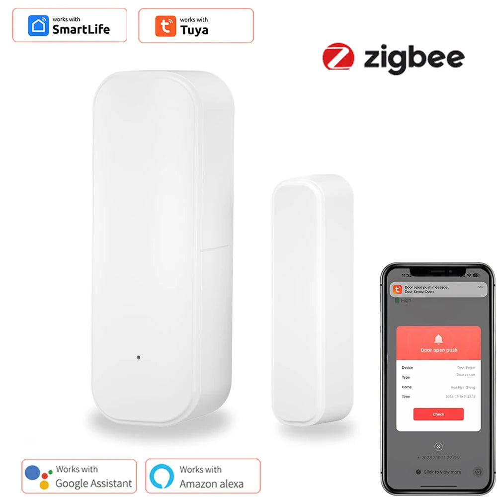 Tuya Zigbee Smart Wireless Magnetic Door Window Opening Sensor Detector with App Notification Alert for Home Security Protection