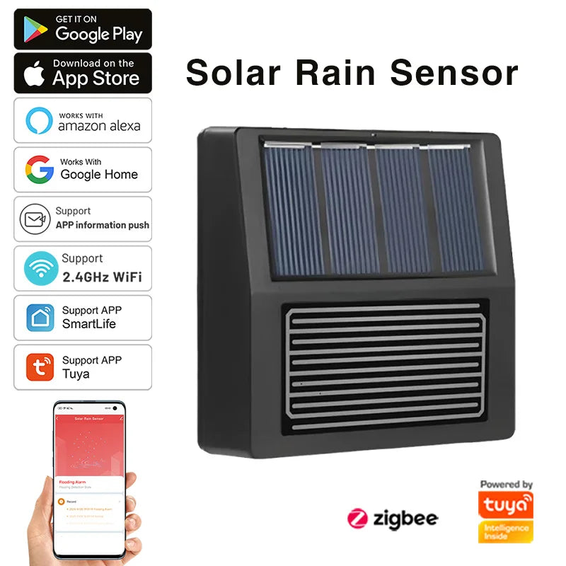 Tuya Zigbee Rain Sensor Real-Time Rain Alerts Smart Home Integration, IP65 Waterproof, Solar-Powered for Garden & Irrigation