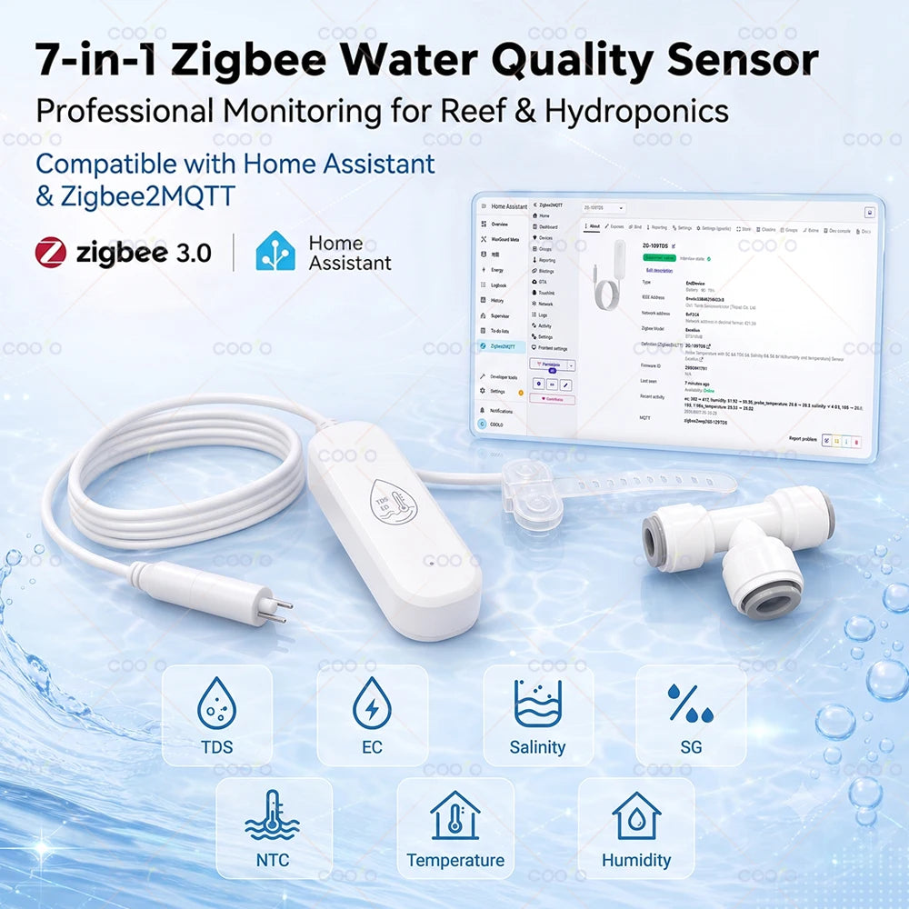 Zigbee Water Quality Tester 7 in 1 Seawater Freshwater Ec/Tds/Salinity/S.G/Ntc/Temp/Humidity Meter for Reef Aquarium Fish Tank
