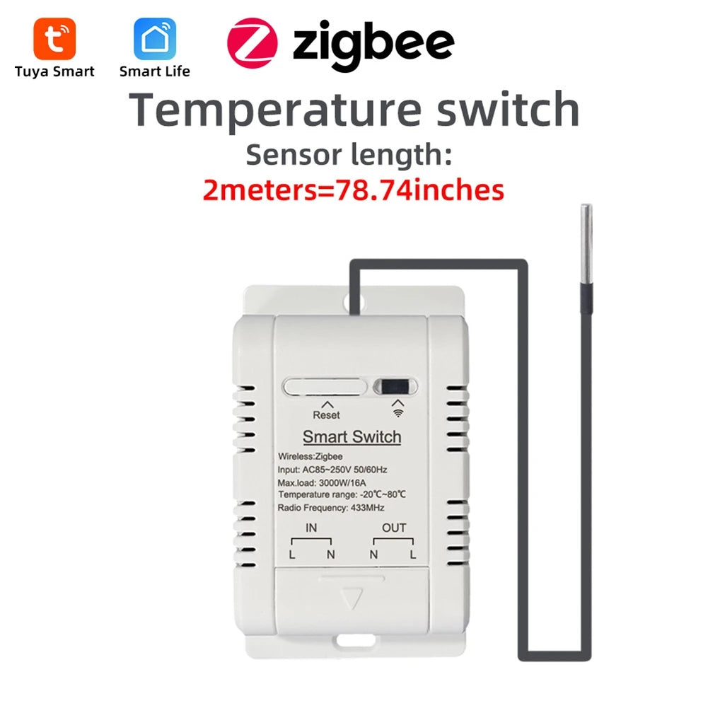3Cgro-Tuya Zigbee Temperature Switch 16A Smart Wireless Thermostat with 2M Temperature Sensor Supports Voice Control