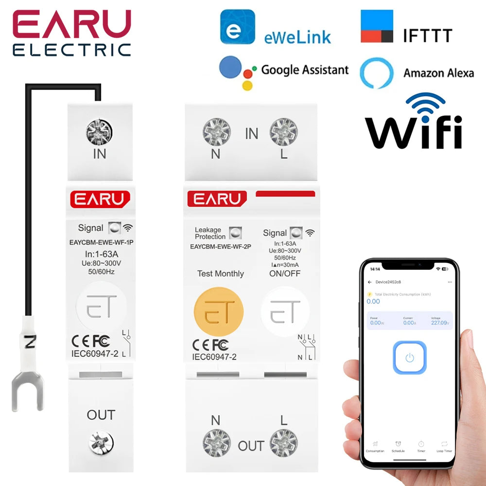 Ewelink Wifi MCB Smart Circuit Breaker 1P 2P 63A Switch Energy Metering Timer Relay Kwh Voltage Current Protector Remote Contro