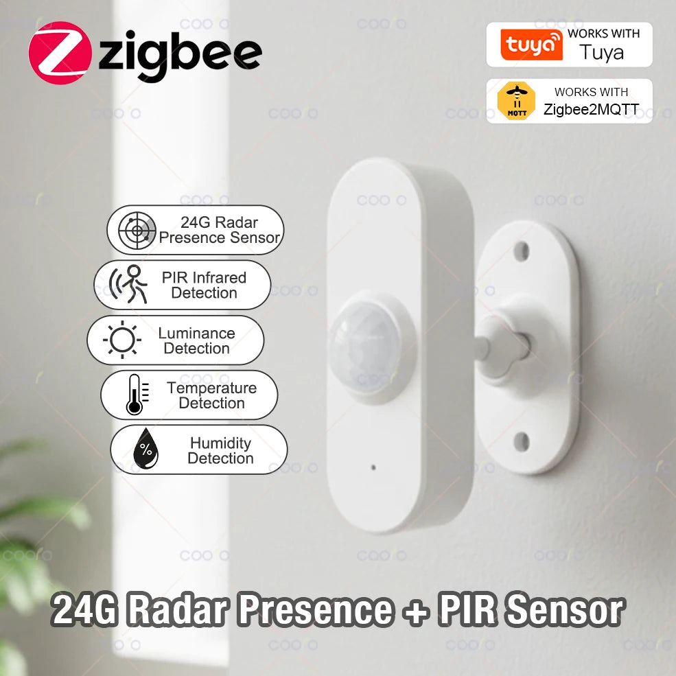 24G Mmwave Radar Human Presence Sensor+Pir Motion Sensor Light Temperature Humidity Usb/Battery Powered Support Tuya Zigbee Z2M