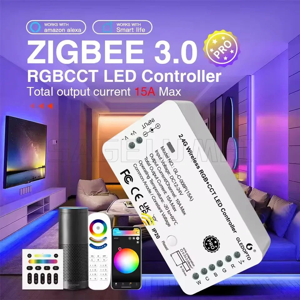 GL-C-006P GLEDOPTO Zigbee 3.0 Smart LED Strip Controller Compatible with Hub Tuya Smartthings App 2.4G RF Remote Control Voice