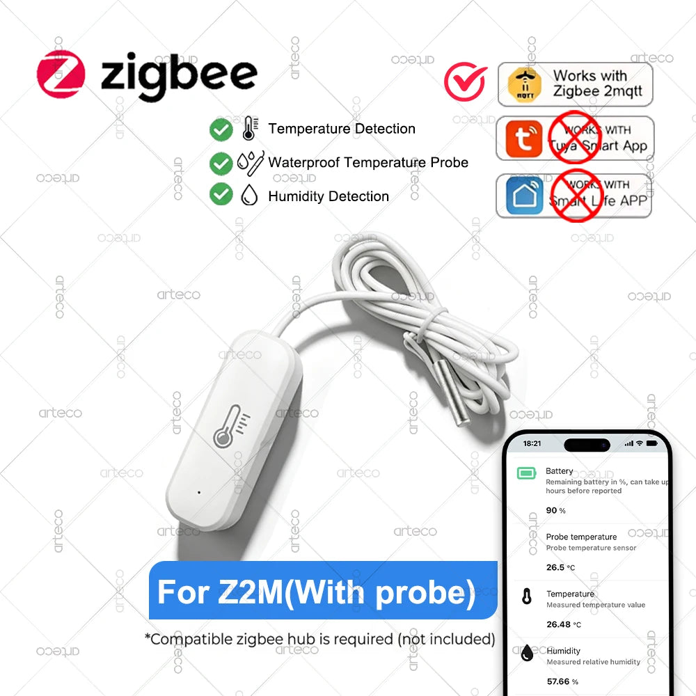 Zigbee Temperature Humidity Sensor 1M Probe for Fridge Freezer Pool Fish Tank Liquid Thermometer Home Assistant Zigbee2Mqtt Tuya