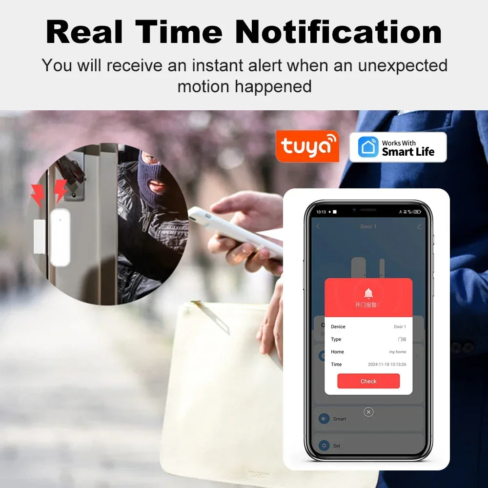 Tuya Smart Zigbee Door Window Sensor Real Time Wireless Magnetic Alarms APP Remote Monitor Smart Home Security Window Detector