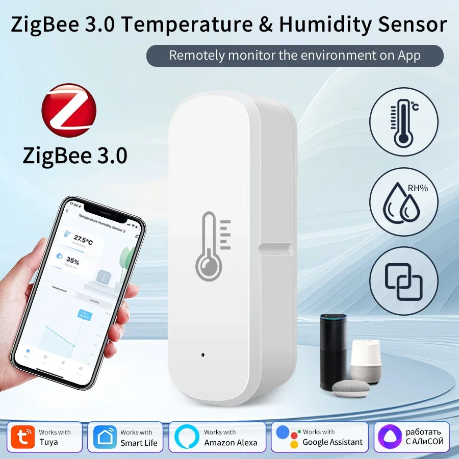 Zigbee Smart Home Automation Tuya Smart Temperature Humidity Sensor Real-Time App Alert Remote Control Alexa Google Assistant