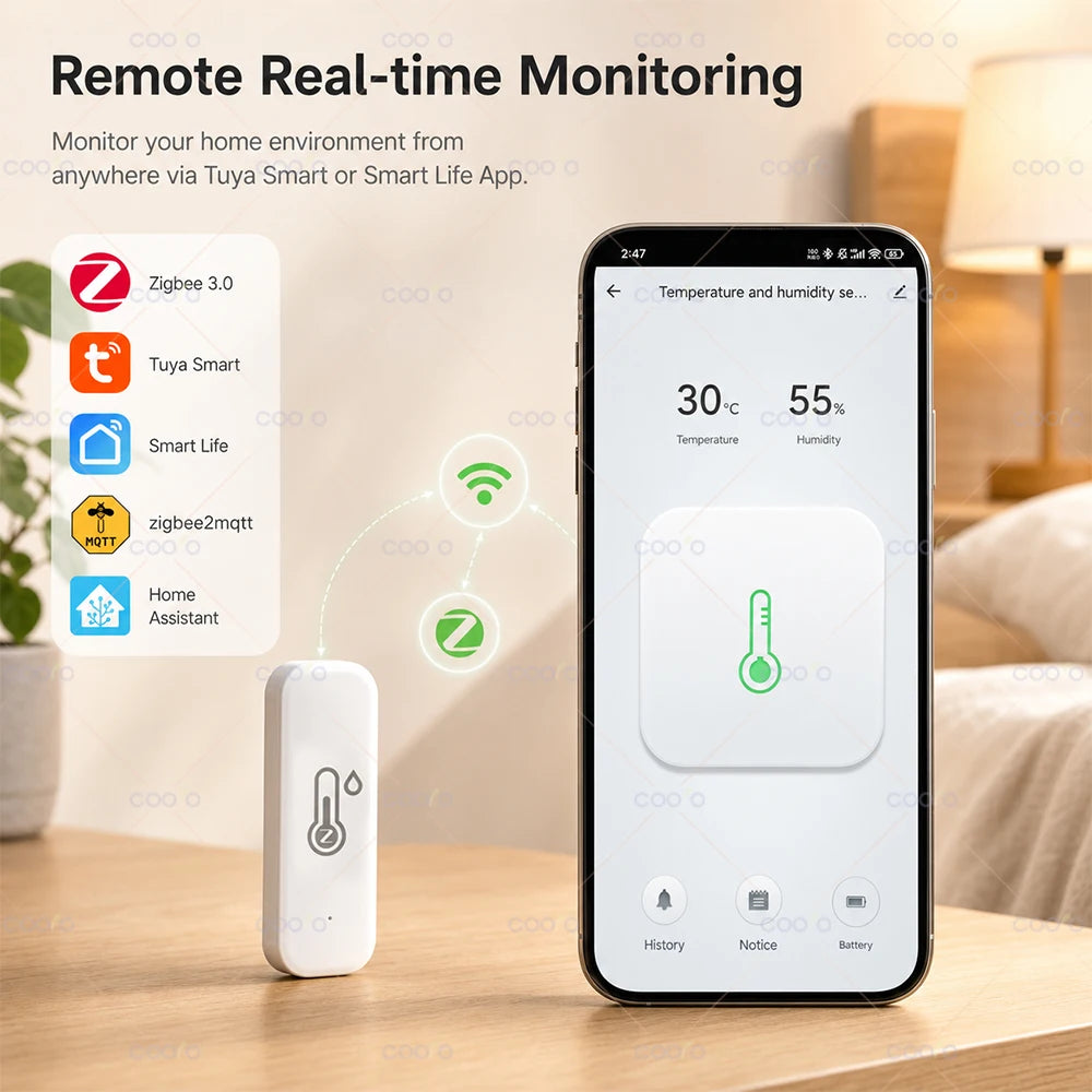 Tuya Zigbee 3.0 Temperature Humidity Sensor Smart Home Indoor Hygrometer App Remote Monitor Work with Smart Life Z2M Need Hub
