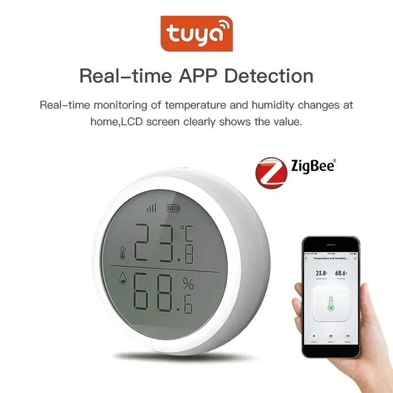 Zexef Tuya Smart Zigbee Indoor Thermometer Humidity Sensor LCD Display Application Voice Control Alexa Google Home