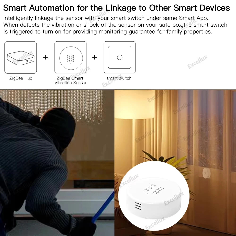 Zigbee 3.0 Smart Vibration Sensor Detection APP Notification Real-Time Motion Shock Alarm History Record Support Zigbee2Mqtt