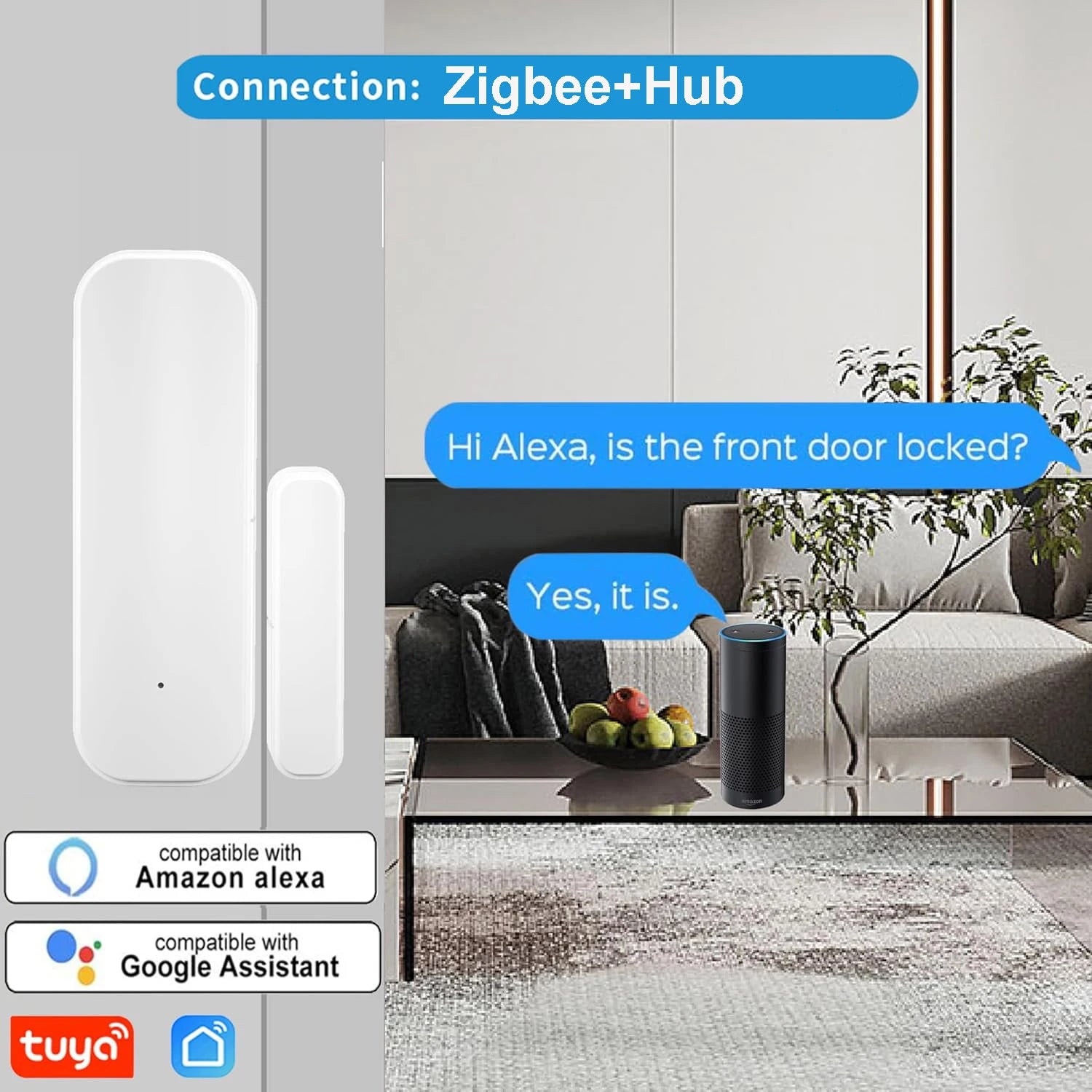 Tuya Zigbee Smart Wireless Magnetic Door Window Opening Sensor Detector with App Notification Alert for Home Security Protection