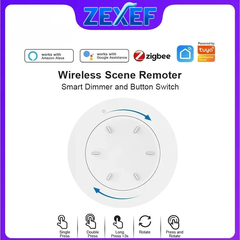 ZEXEF Tuya Zigbee 3.0 Smart Knob Switch Dimmer Wireless Scene Link Button Switch HOME Device Automation Panel
