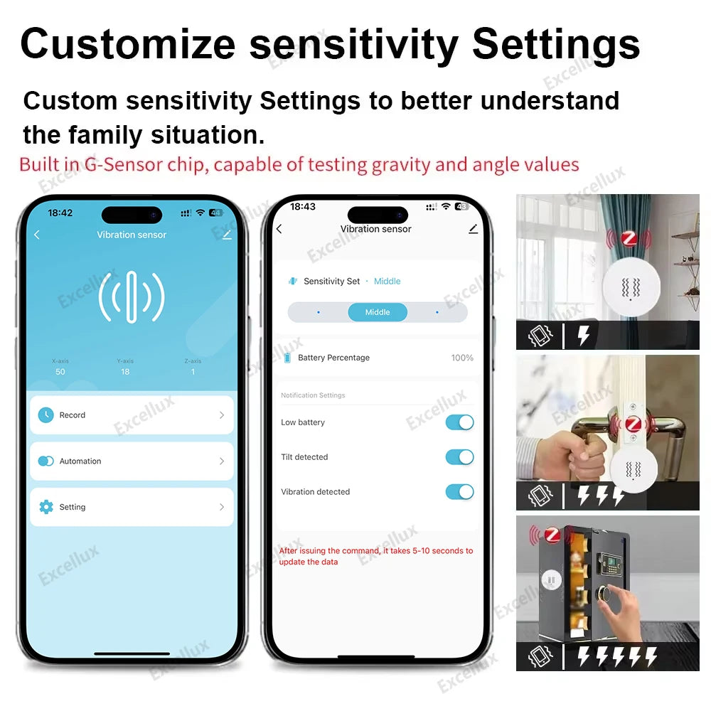Zigbee 3.0 Smart Vibration Sensor Detection APP Notification Real-Time Motion Shock Alarm History Record Support Zigbee2Mqtt