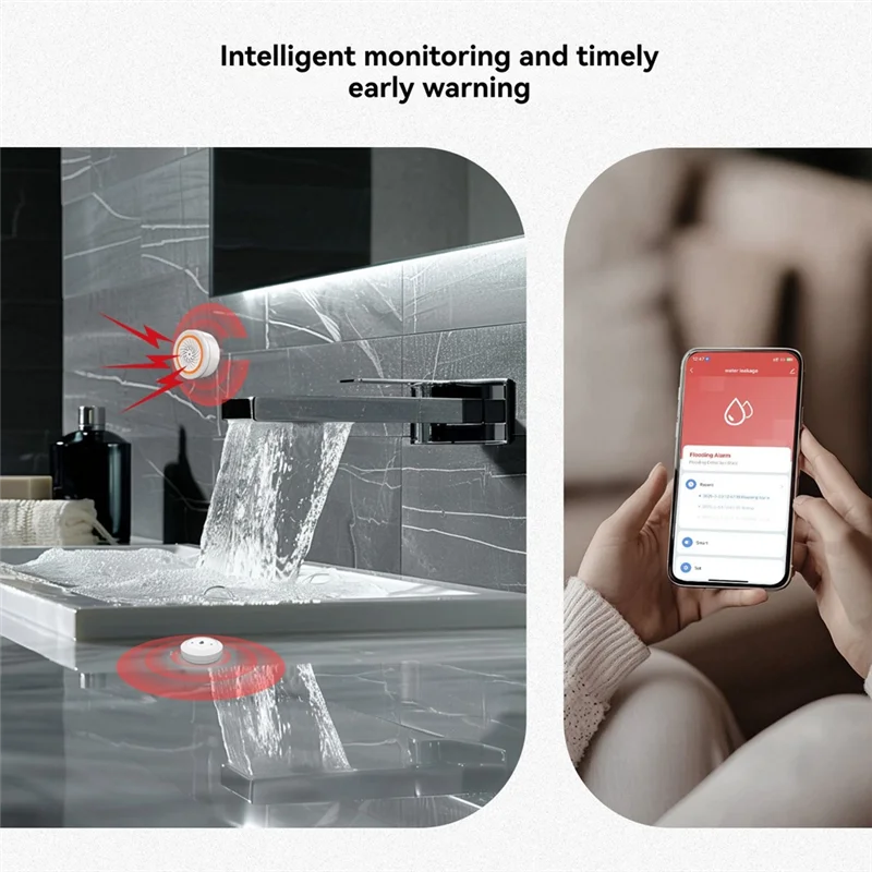 Abjf-Tuya Zigbee Water Sensor Alarm for Home, Detect Leaks & Full Water Tanks with APP Control