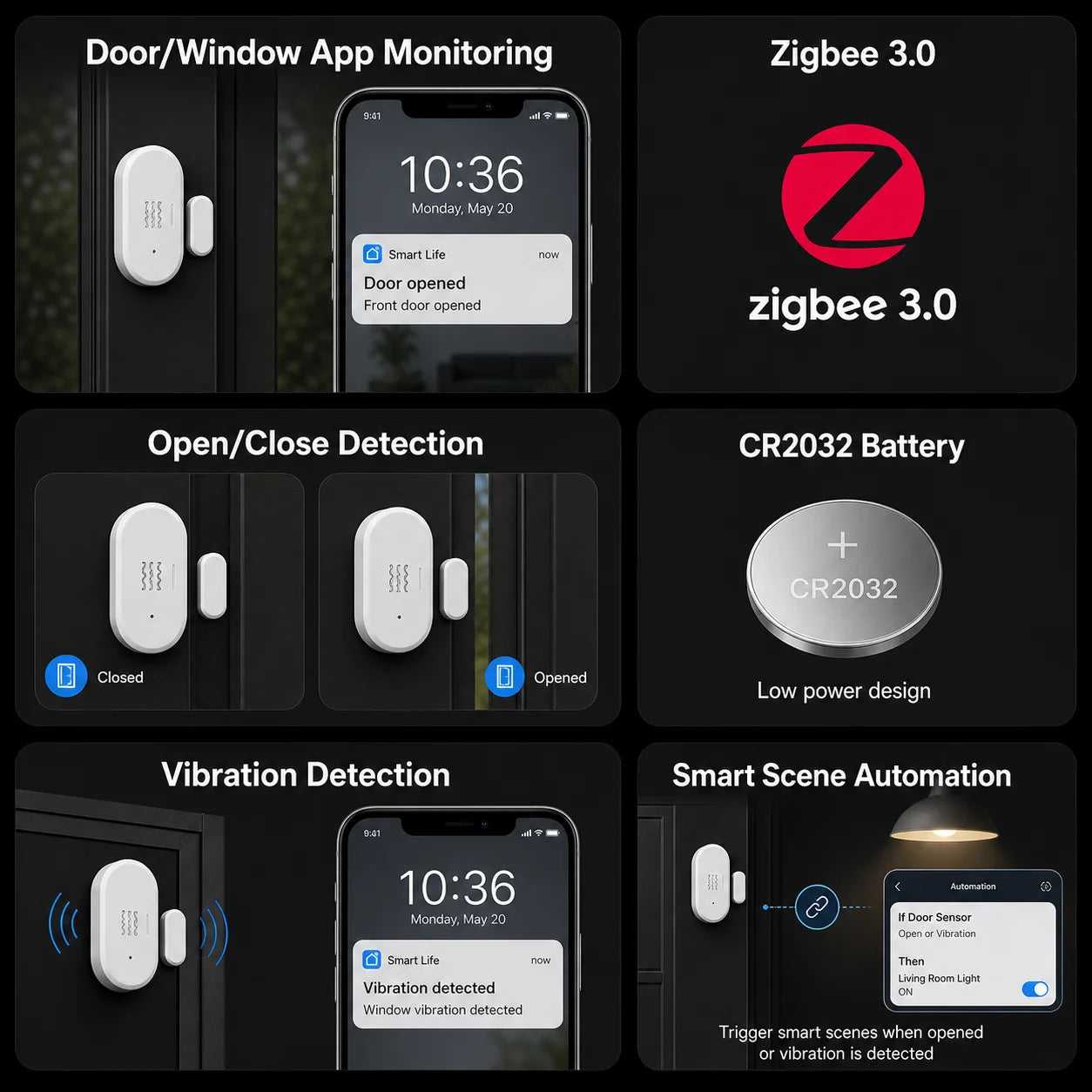 Tuya Zigbee Vibration Door Window Sensor Smart Door Contact Sensor Smart Life Home Assistant Zigbee2Mqtt App Open Close Alert
