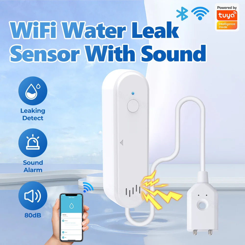 Tuya Smart Wifi Water Leak Sensor Water Overflow Level Detector 80Db Sound Alarm System Flood Leakage Sensor Remote Monitor