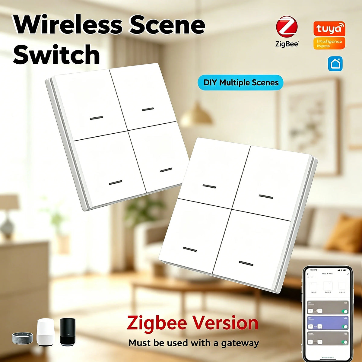 Tuya Zigbee 3.0 4 Gang Wireless Scene Switch Single/Double/Long Press 12 Scenes Push Button Smart Life Alexa Google Home Auto