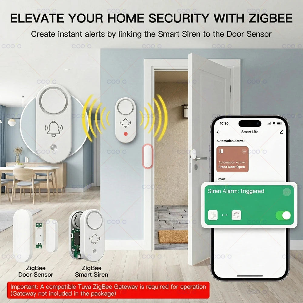 Tuya Zigbee Vibration Siren Sensor Smart Sound Light Siren Detector with 110Db Audio Alarm Rapid Detection for Home Security