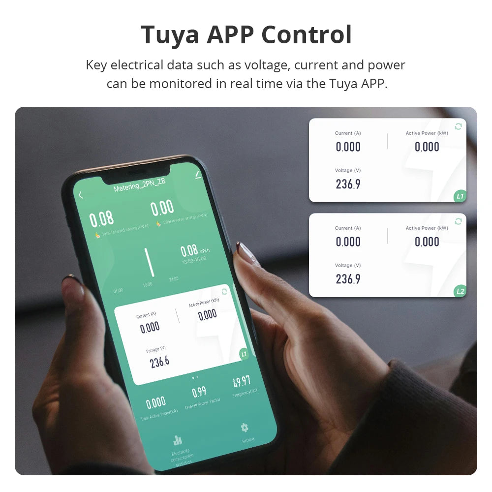 Zigbee Smart Energy Meter 2 Phase Max 120A with 2 Clamps Works with Tuya App Real-Time Measuring Power Consumption