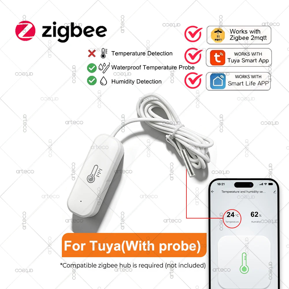 Zigbee Temperature Humidity Sensor 1M Probe for Fridge Freezer Pool Fish Tank Liquid Thermometer Home Assistant Zigbee2Mqtt Tuya