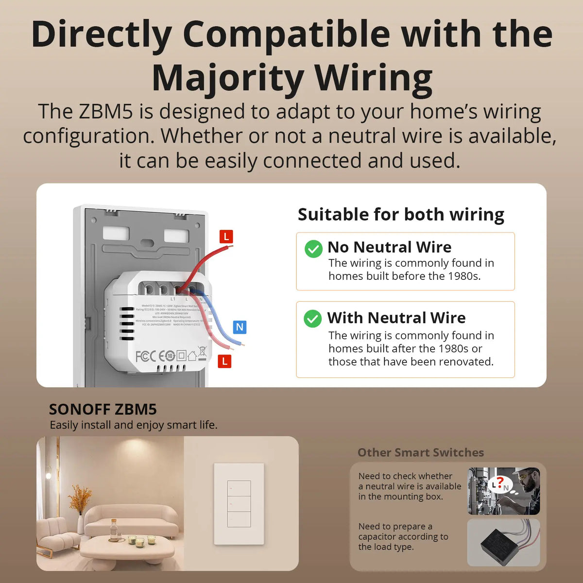 ZBM5 Switchman Zigbee Smart Wall Switch Supports No Neutral and Neutral Wire Detach Relay Mode Works with Home Assistant