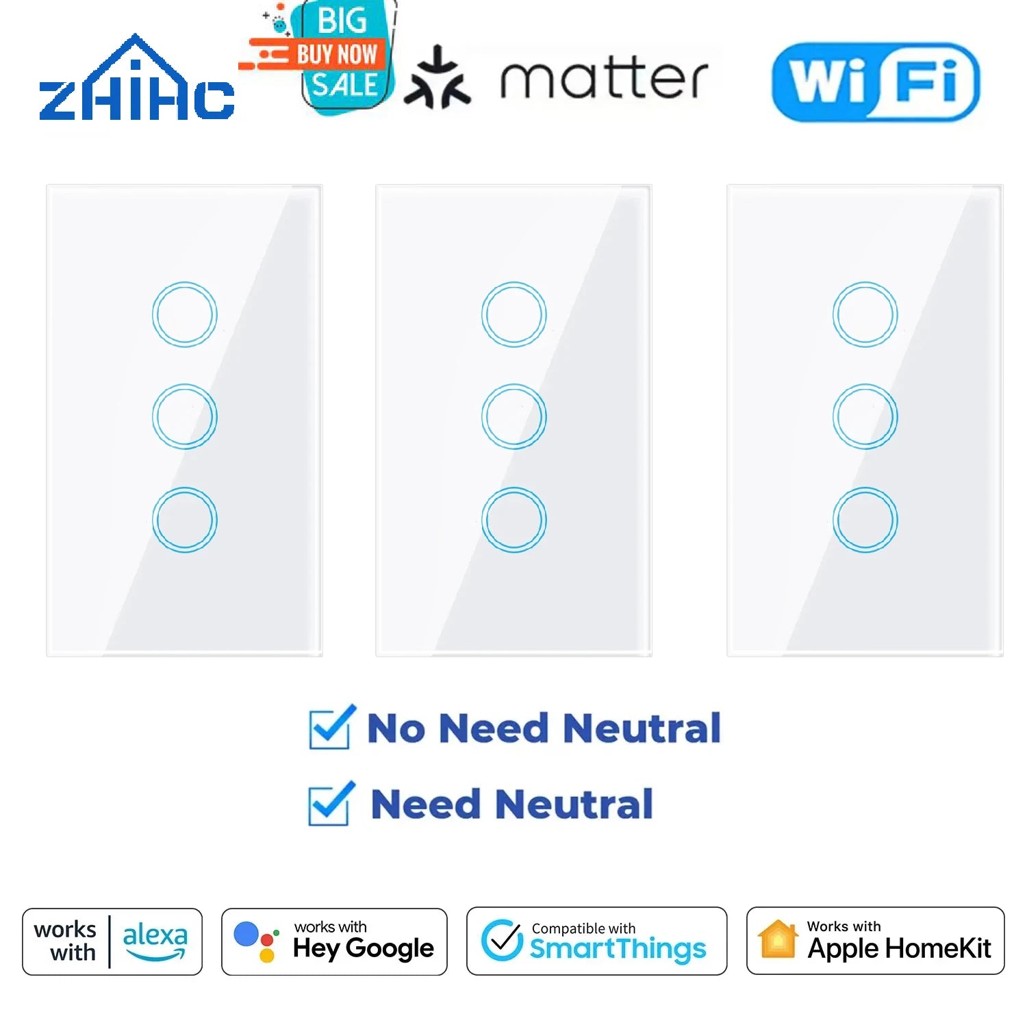 Matter Homekit Wifi Smart Light Touch Wall Switch 1 2 3 4 Gang 2-Way Control Switch Support Siri Smartthings Alexa Google Home