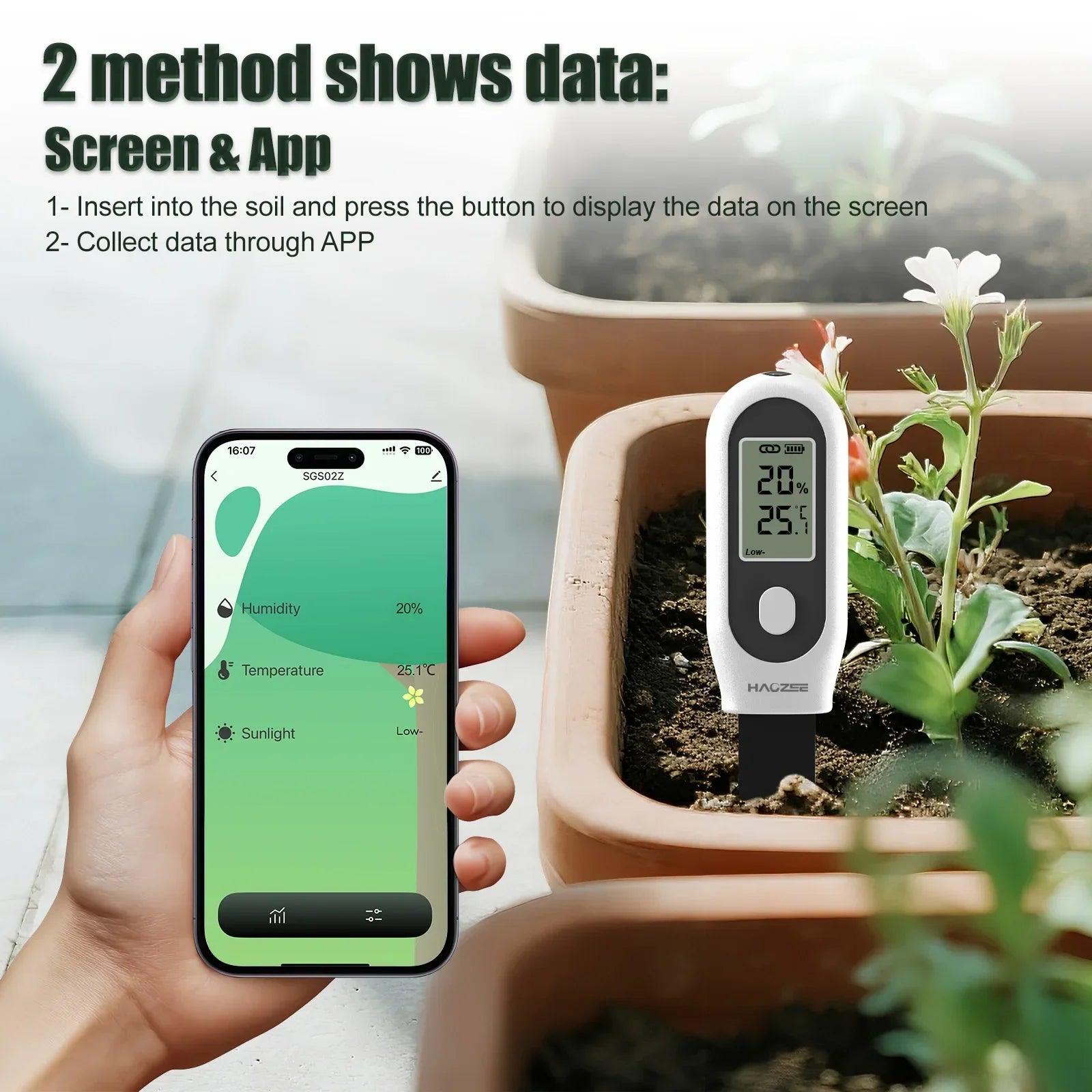 Tuya Zigbee Soil Moisture Sensor 3 in 1 Humidity Temperature Sunlight Meter Screen/App Control for Plants Pots Garden