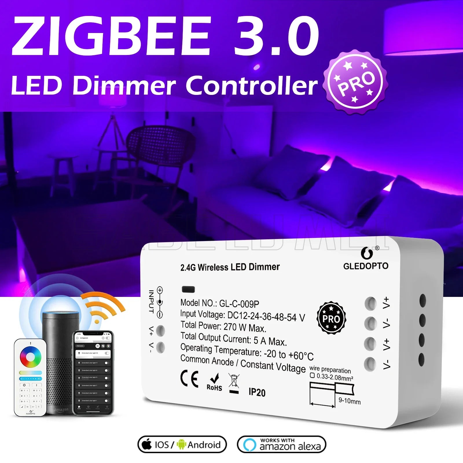 GL-C-006P GLEDOPTO Zigbee 3.0 Smart LED Strip Controller Compatible with Hub Tuya Smartthings App 2.4G RF Remote Control Voice
