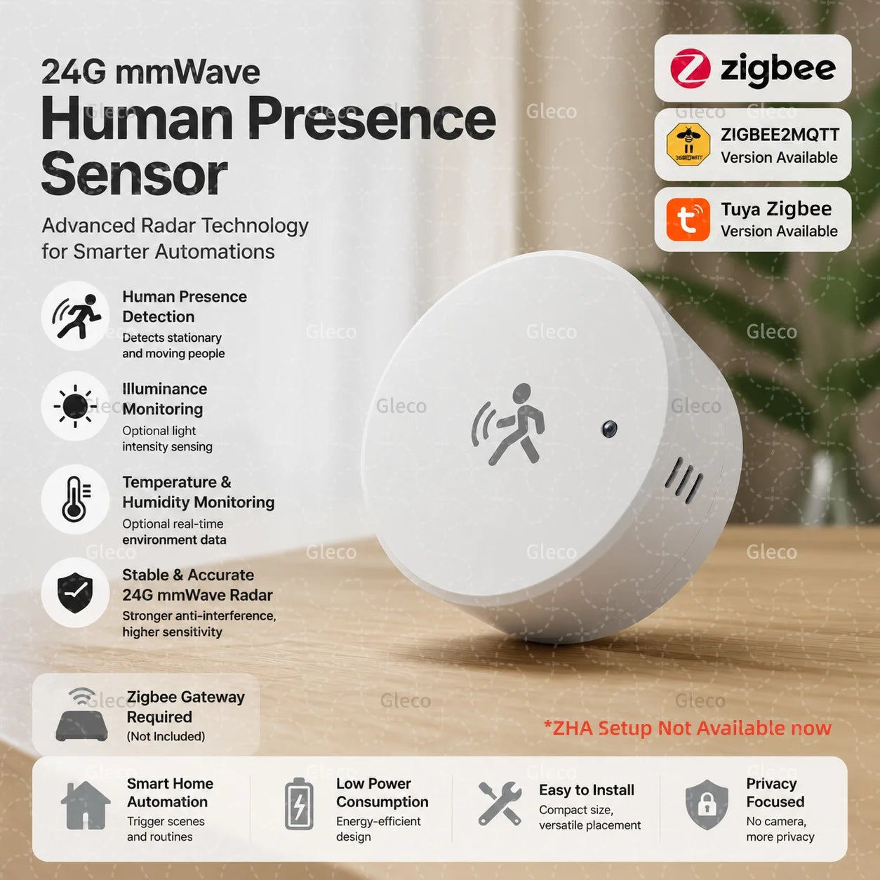 Smart Life Zigbee Human Presence Sensor 24G Mmwave Radar PIR Motion Temp Humidity Brightness for Tuya 2MQTT Security Automation