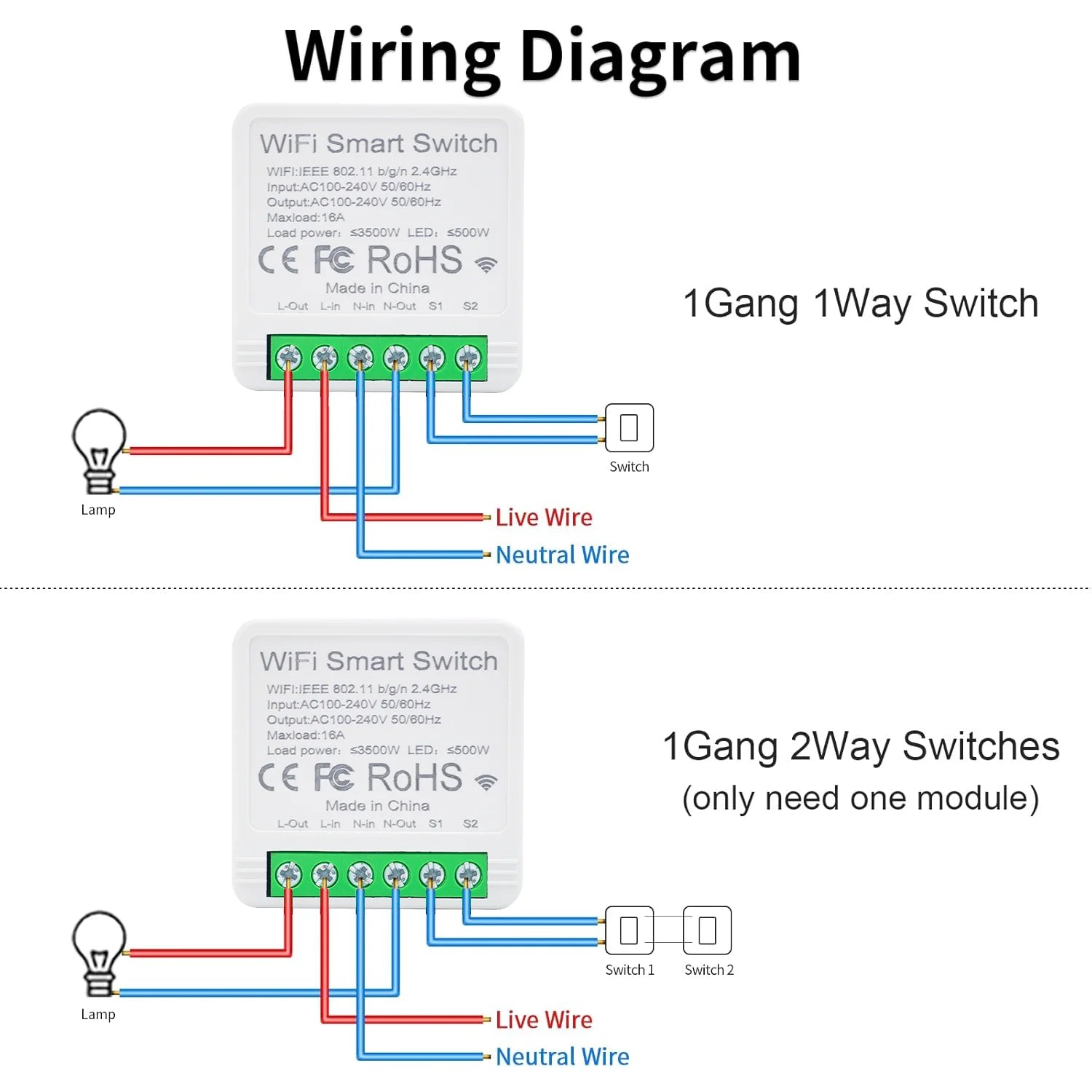 Wifi Smart Light Switch 2 Way Control Module AC 110V 220V Voice Control Ewelink APP Work with Alexa Google Home Alice