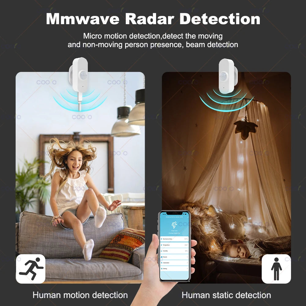 24G Mmwave Radar Human Presence Sensor+Pir Motion Sensor Light Temperature Humidity Usb/Battery Powered Support Tuya Zigbee Z2M