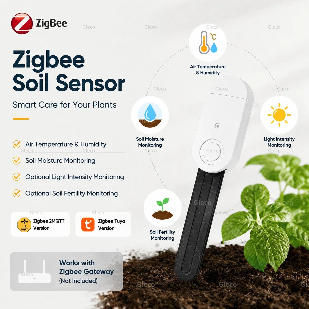 Zigbee Soil Moisture Sensor Temperature Humidity Meter Fertility Light Tester for Tuya Smart Life Z2M Home Assistant Automation