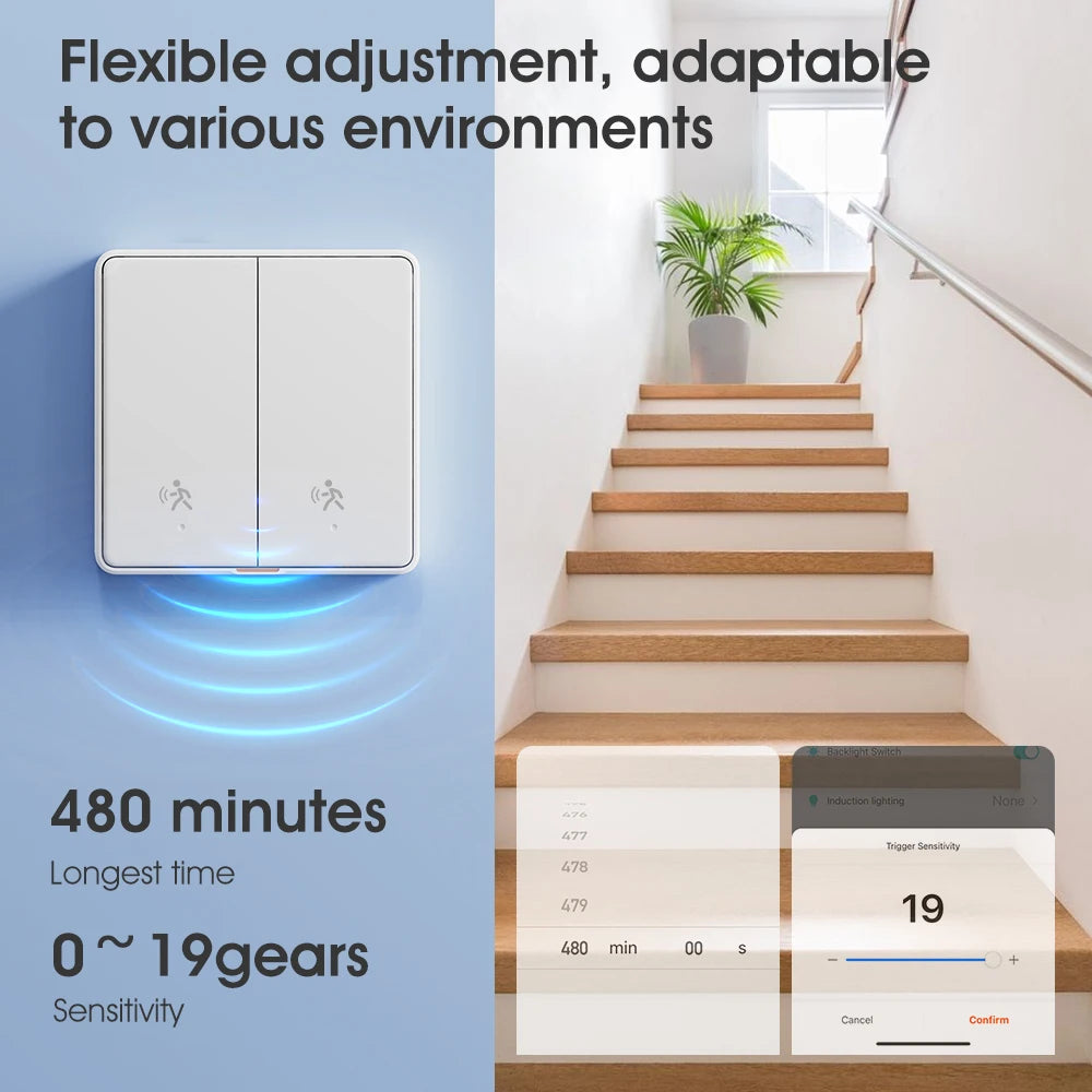 Tuya Zigbee 3.0 Smart Light Switch with 6M Radar Human Motion Detection Alarm Sensor No/Need Neutral Wire Switch