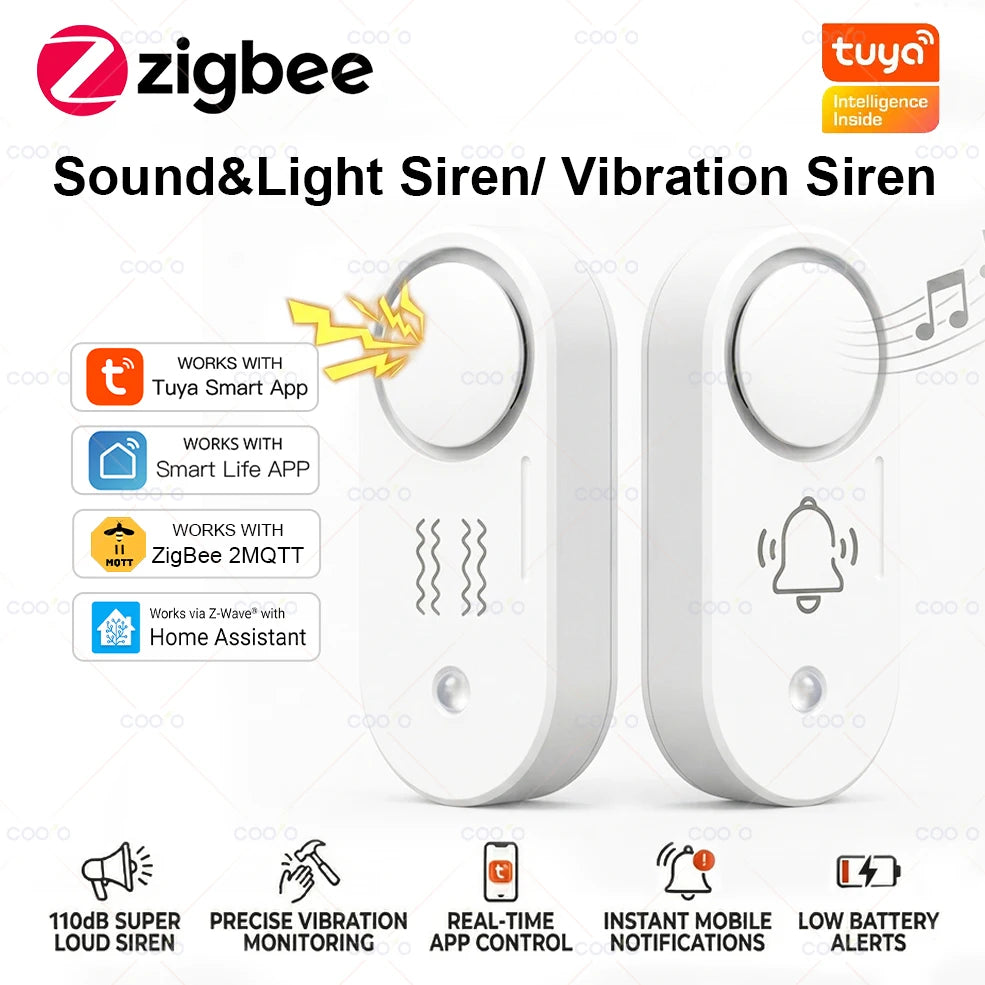 Tuya Zigbee Vibration Siren Sensor Smart Sound Light Siren Detector with 110Db Audio Alarm Rapid Detection for Home Security
