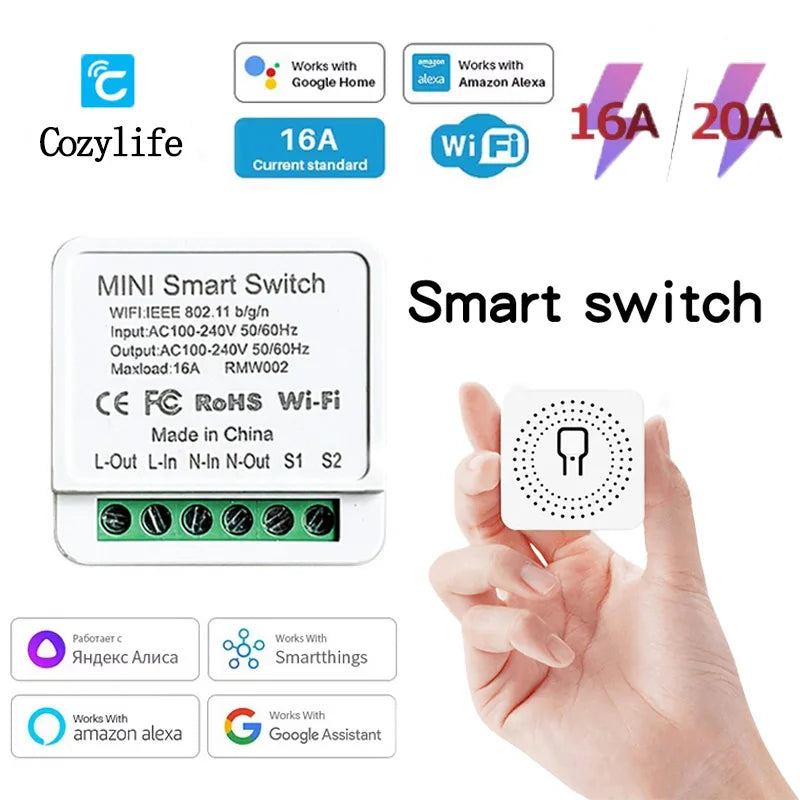 Cozylife Mini Wifi Smart Switch 16/20A Relay for Alexa and Google Home App Remote & Voice Control DIY Mode Timer Home Automation