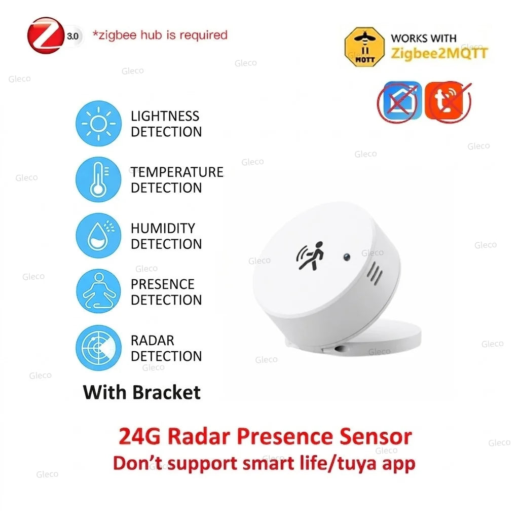 Smart Life Zigbee Human Presence Sensor 24G Mmwave Radar PIR Motion Temp Humidity Brightness for Tuya 2MQTT Security Automation