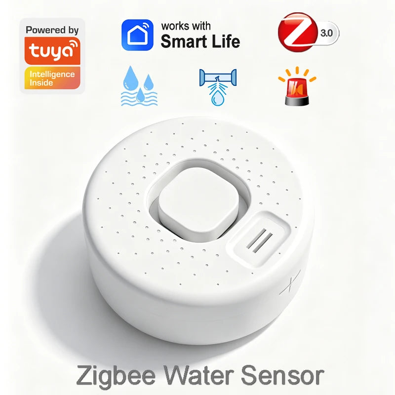 Smart Water Leak Detector Works with Tuya APP Wifi Zigbee Optional Flood Sensor Home Kitchen Security Alarm High-Decibel Sound