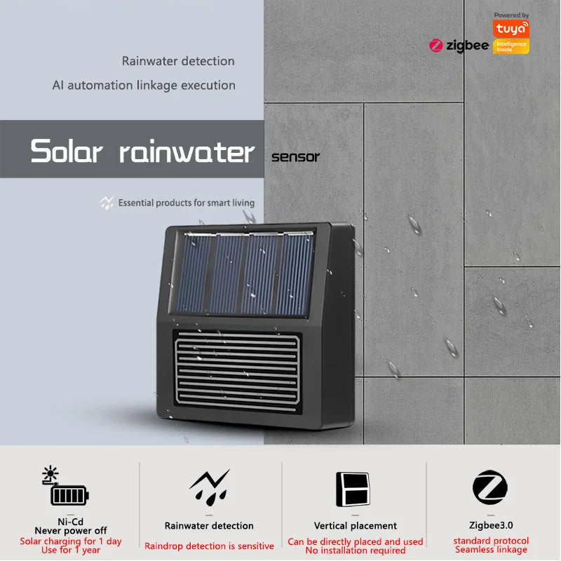Tuya Zigbee Rain Sensor Real-Time Rain Alerts Smart Home Integration, IP65 Waterproof, Solar-Powered for Garden & Irrigation