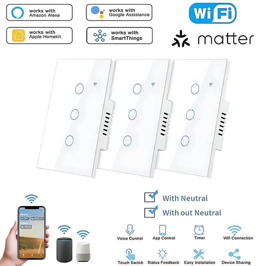 Matter Smart Switch Matter Wall Switch Matter Light Switch Touch Wall Light Neutral Wire/No Neutral Wire 1/2/3/4 Gang