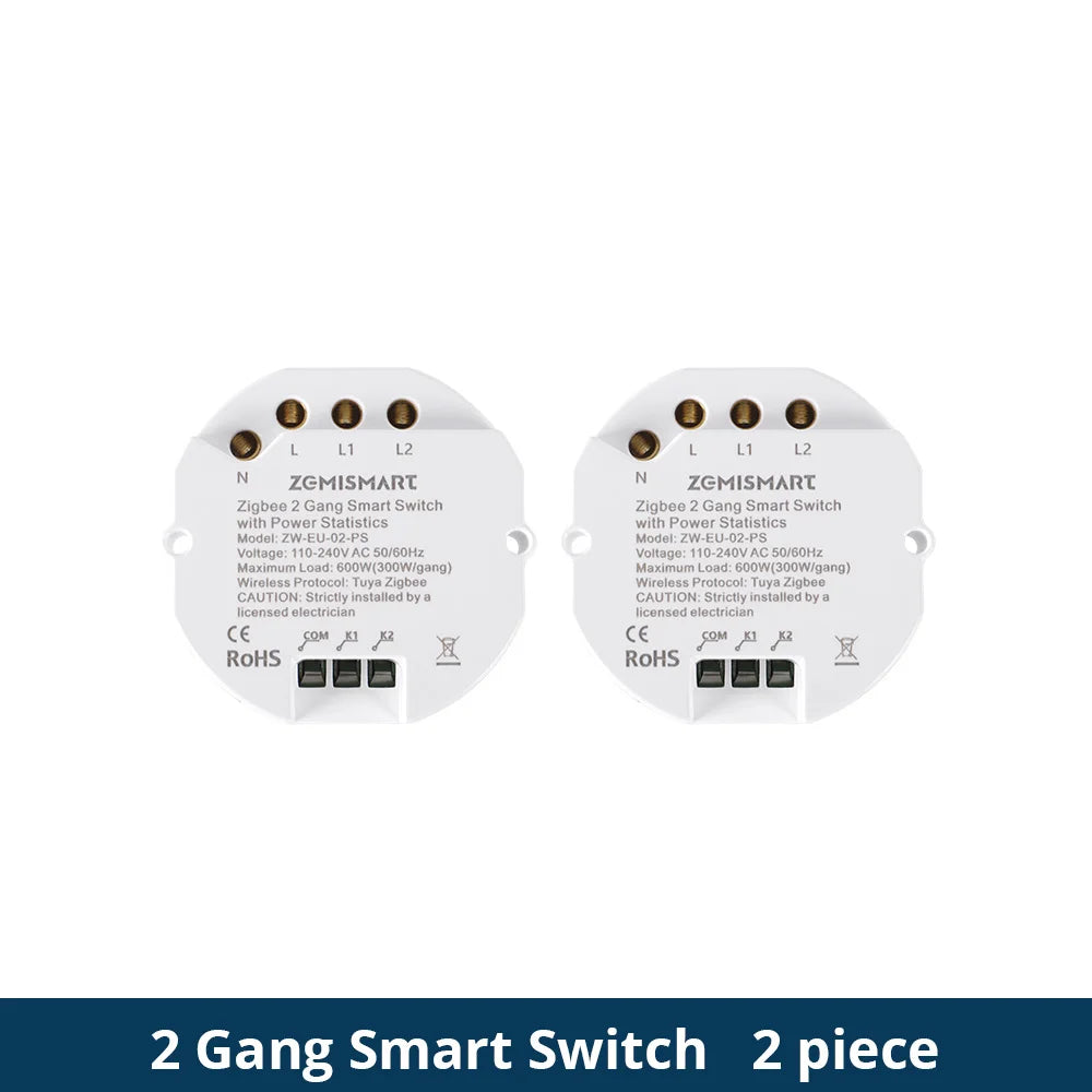 Zigbee 2 Gang Smart Inline Module Mini Light Switch with Power Statistics Function Work with Tuya Smart Life App