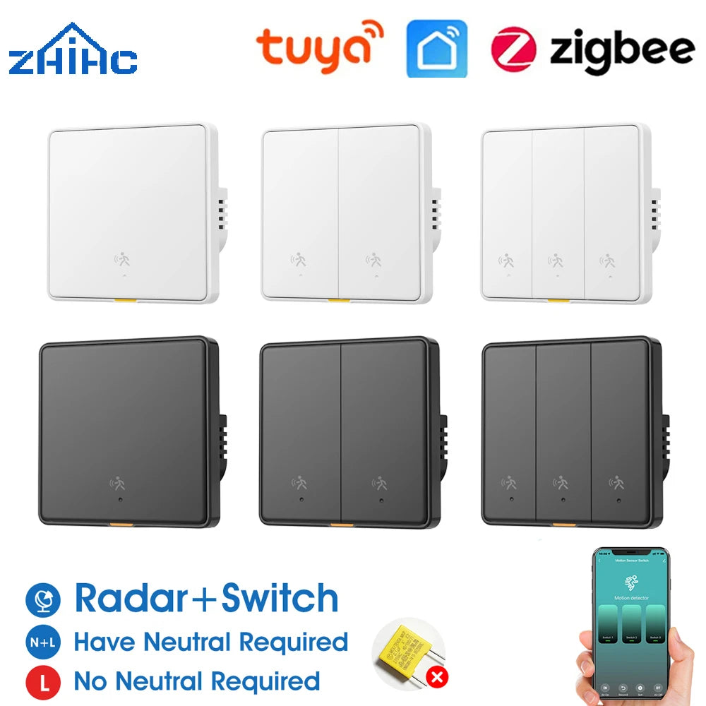 Tuya Zigbee 3.0 Smart Light Switch with 6M Radar Human Motion Detection Alarm Sensor No/Need Neutral Wire Switch