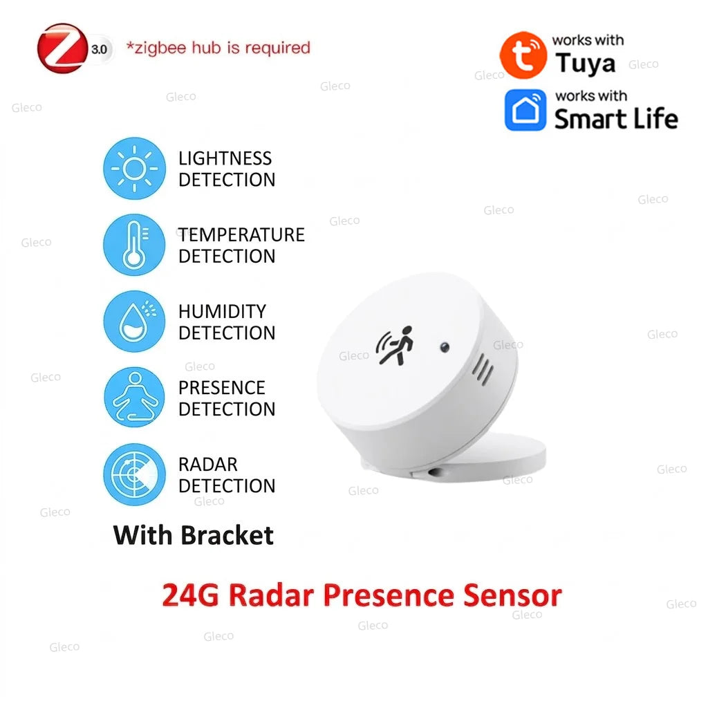 Smart Life Zigbee Human Presence Sensor 24G Mmwave Radar PIR Motion Temp Humidity Brightness for Tuya 2MQTT Security Automation