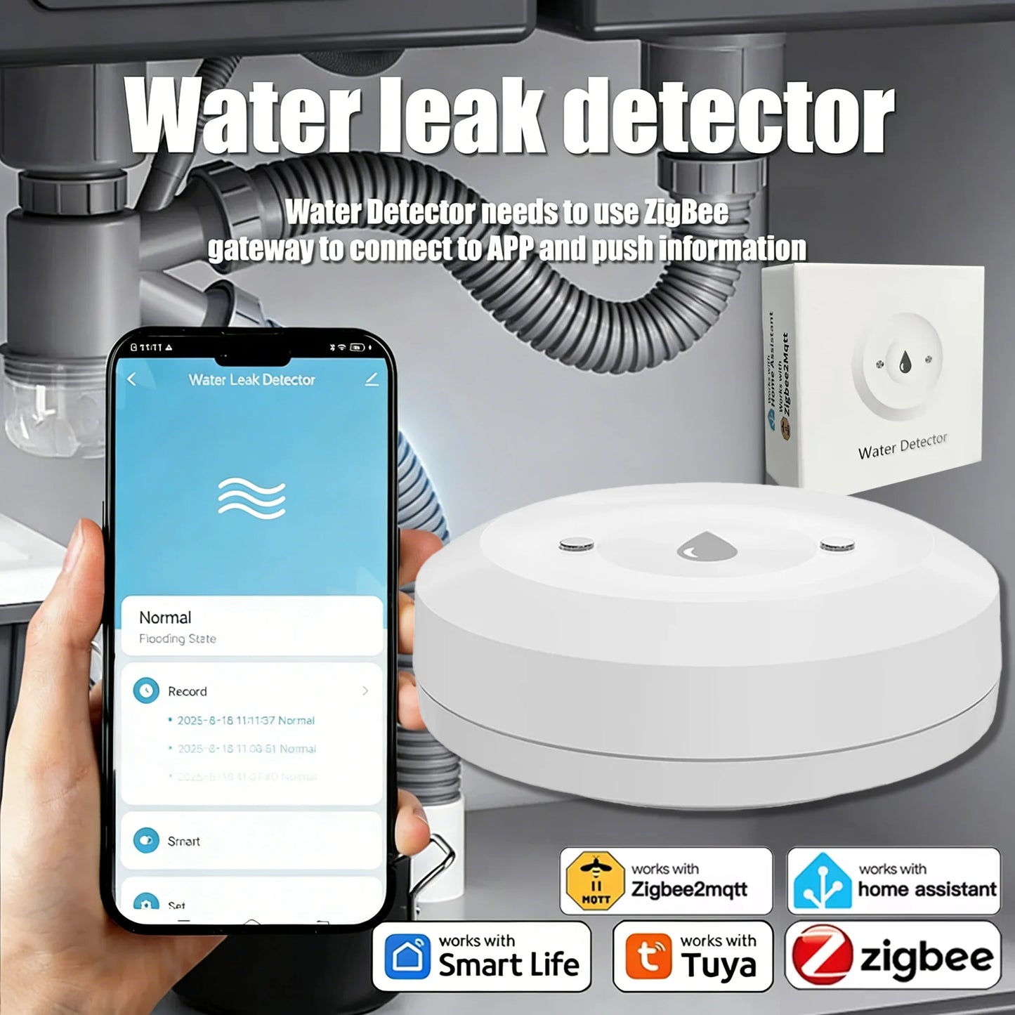 Zigbee 3.0 Water Leak Flood Detector Sensor with App Remote Monitoring for Kitchen Bathroom Compatible with Home Assistant