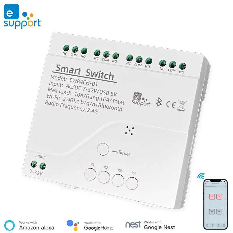 Ewelink 4 Channel Smart Wifi 85-250V Switch, Free APP Remote Control ,Bluetooth, Inching ,Self-Lock ,Inter-Lock,Works with Alexa
