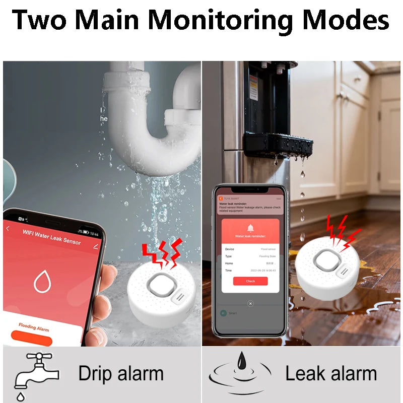 Smart Water Leak Detector Works with Tuya APP Wifi Zigbee Optional Flood Sensor Home Kitchen Security Alarm High-Decibel Sound